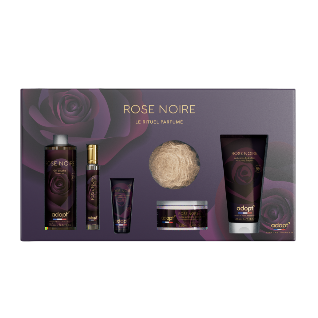 Rose Noire - Coffret maxi eau de parfum Rose Noire 30 ml + gel douche 250 ml + lait corps 200 ml + crème pour les mains 30 ml + gommage au sucre 250ml + fleur de bain