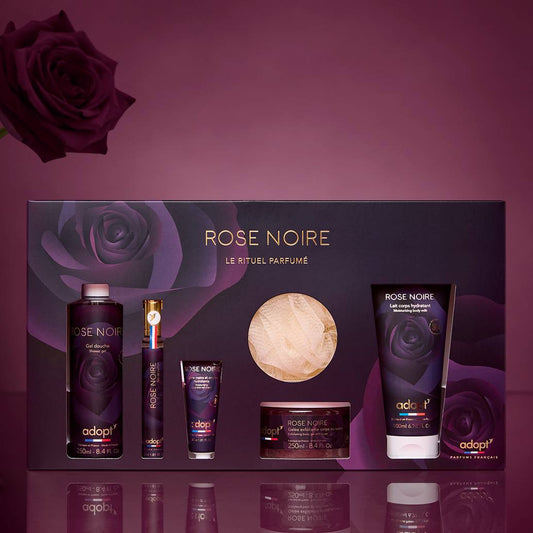 Rose Noire - Coffret maxi eau de parfum Rose Noire 30 ml + gel douche 250 ml + lait corps 200 ml + crème pour les mains 30 ml + gommage au sucre 250ml + fleur de bain